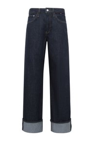 Dark blue denim wide-leg jeans with a high waist, featuring rolled cuffs, a front button closure, and classic five-pocket styling.