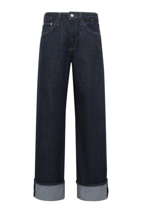 Dark blue denim wide-leg jeans with a high waist, featuring rolled cuffs, a front button closure, and classic five-pocket styling.
