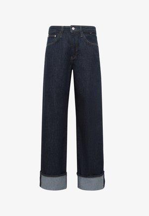 Dunkelblaue Denim-Jeans mit weitem Bein und hoher Taille, mit umgeschlagenen Säumen, einem knopfverschluss vorne und klassischem Fünf-Taschen-Design.