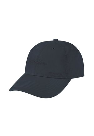 Schwarze Baseballkappe mit gebogenem Schirm und dezent gesticktem Text auf dem Frontpanel vor weißem Hintergrund.