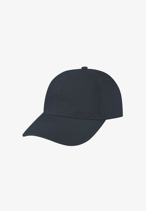 Schwarze Baseballkappe mit gebogenem Schirm und dezent gesticktem Text auf dem Frontpanel vor weißem Hintergrund.