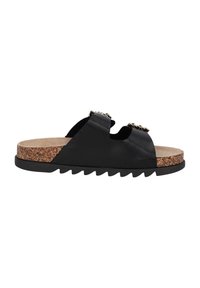 Zwarte schuifsandalen met een kurken tussenzool, open teenontwerp en decoratieve kettingaccenten. Getextureerde rubberen zool met een zigzagpatroon.