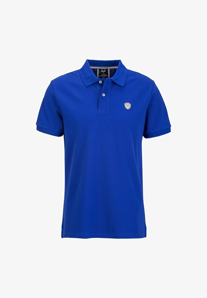 Blauses Polohemd aus Baumwolle mit einem Kragen. Verfügt über zwei Knöpfe und ein kleines Logo auf der linken Brustseite. Kurze Ärmel, klassischer Schnitt.