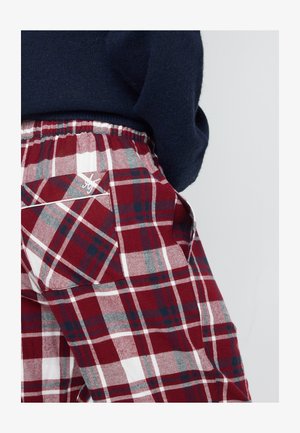 Person wearing red, white, and dark blue plaid pants with a back pocket and dark blue sweater against a plain background.