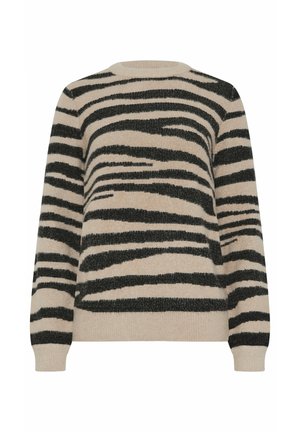 Beige tröja med svarta horisontella ränder, rund halsringning, långa ärmar, tillverkad av mjukt, strukturerat tyg. Klassisk pull-over design.