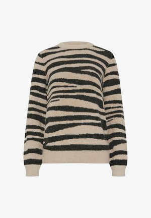 Beige sweater with black horizontal stripes, round neckline, long sleeves, made of soft, textured fabric. Classic pullover design.