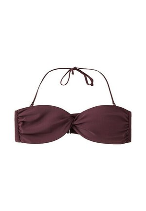 Top de bikini bandeau violet închis, cu un design răsucit în partea din față și o baretă subțire pe gât legată într-o fundă.