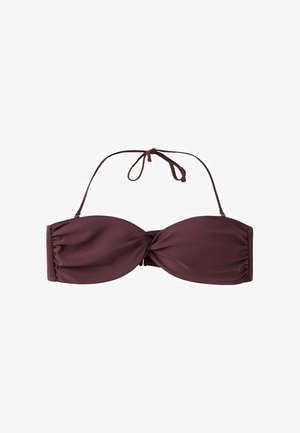 Temno vijoličen bikini top bandeau s zasukanim sprednjim dizajnom in tankim naramnicem okrog vratu, ki je zavezan v pentljo.