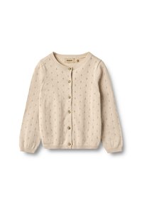 Beige strik cardigan med rund halsudskæring, knaplukning og dekorative hulmønstre i hele stoffet. Glat tekstur.
