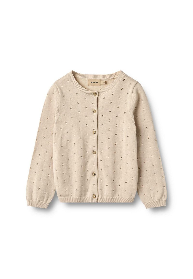 Beige strik cardigan med rund halsudskæring, knaplukning og dekorative hulmønstre i hele stoffet. Glat tekstur.