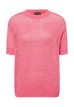 Pink knitted short-sleeve sweater with a loose fit and round neckline. Features a textured pattern and ribbed trim at the sleeves and hem.