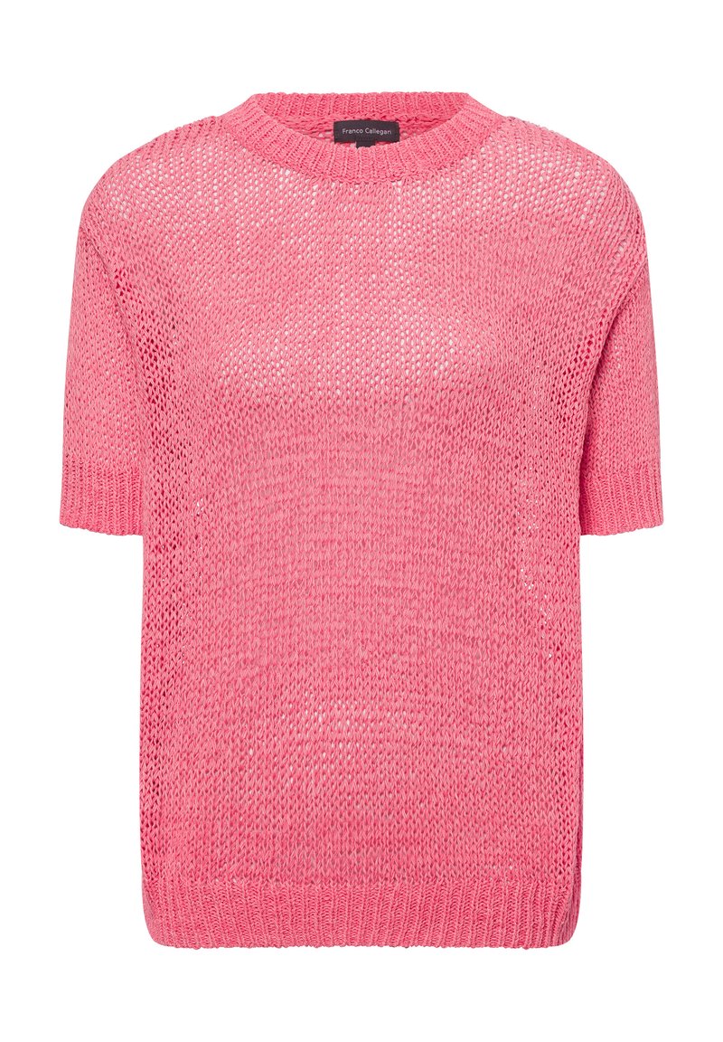 Rosa gestrickter Kurzarmpullover mit lockerer Passform und rundem Halsausschnitt. Mit strukturiertem Muster und geripptem Saum an den Ärmeln und dem Bund.