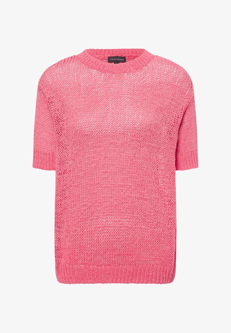 Rosa gestrickter Kurzarmpullover mit lockerer Passform und rundem Halsausschnitt. Mit strukturiertem Muster und geripptem Saum an den Ärmeln und dem Bund.