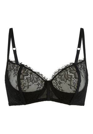 Black lace bra featuring a floral pattern, semi-sheer cups, adjustable straps, and a fringed trim along the edges.