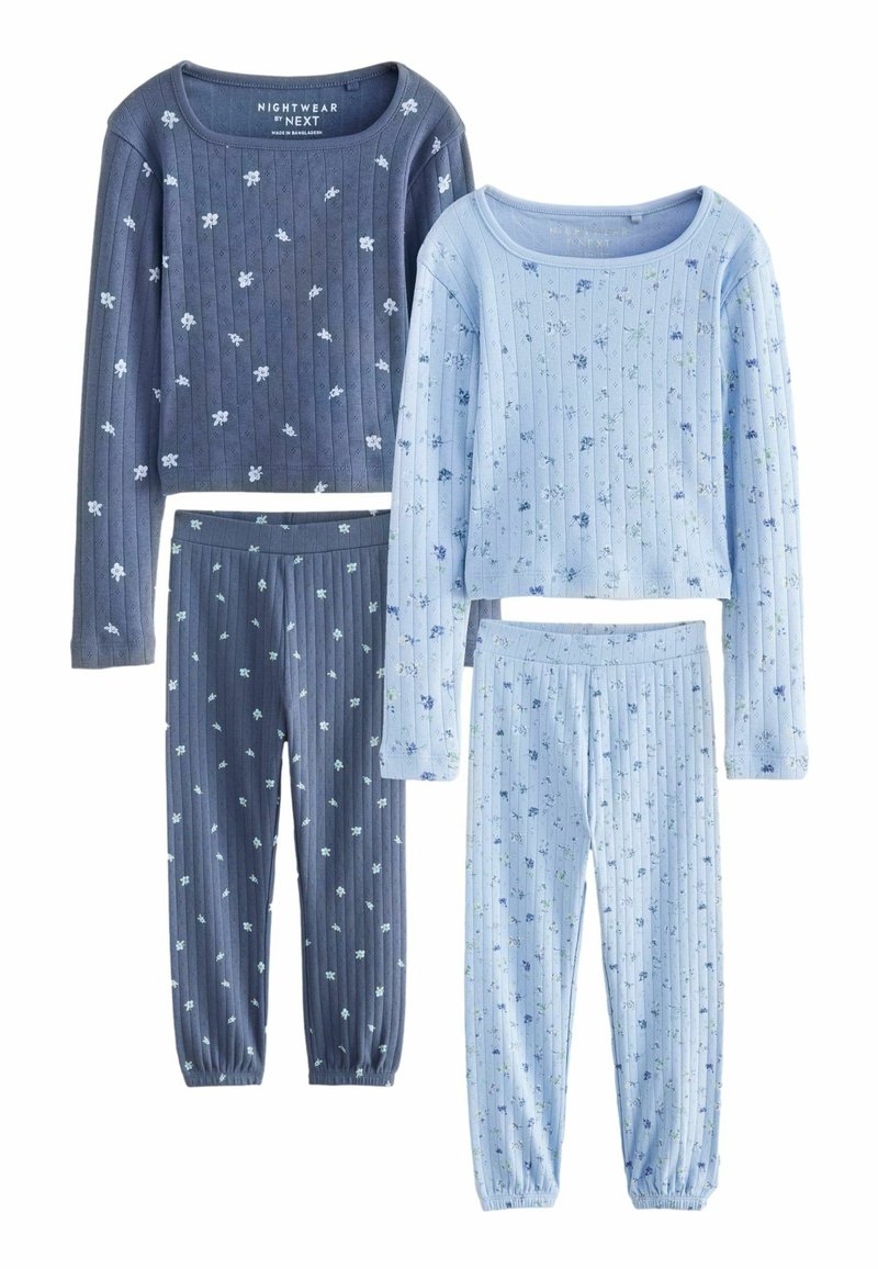 Set di due maglie da pigiama e due pantaloni. Realizzato in morbido tessuto a costine con motivi floreali in sfumature di blu chiaro e scuro. Polsini elastici alle caviglie.