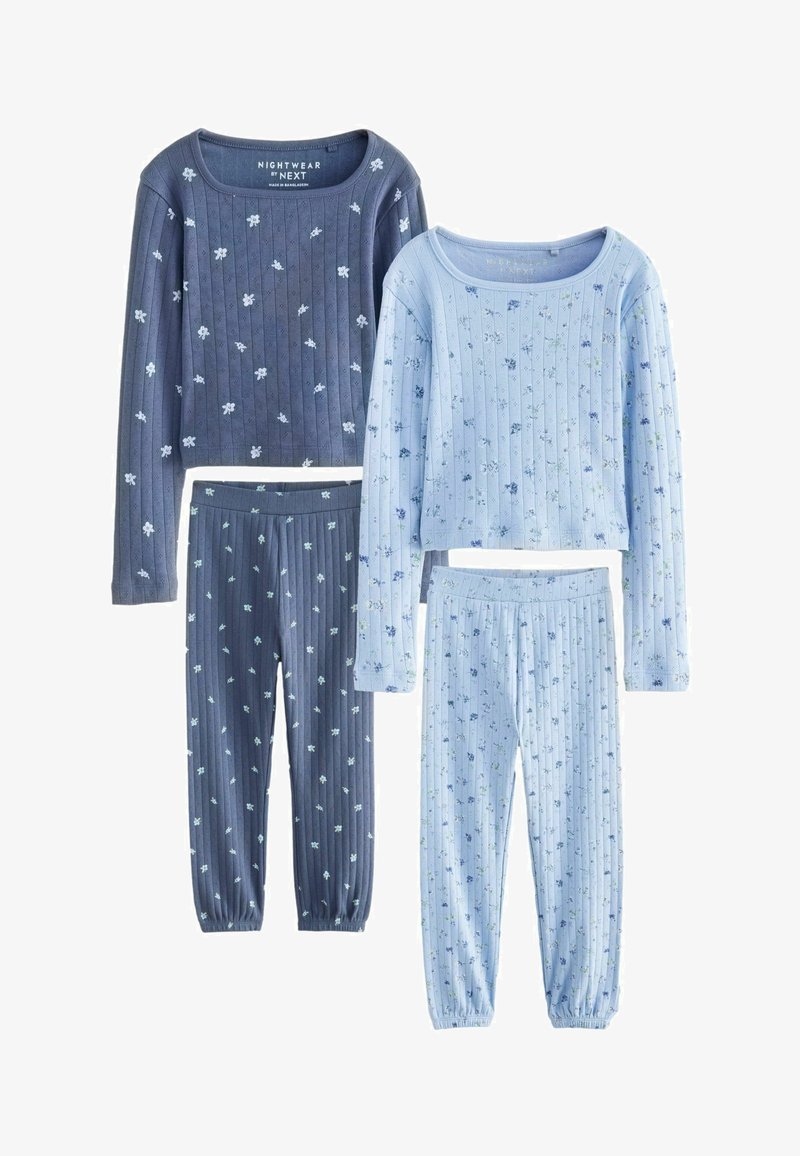 Zestaw składający się z dwóch górnych części piżam oraz dwóch dolnych. Wykonane z miękkiego, prążkowanego materiału z kwiatowymi wzorami w jasnoniebieskich i ciemnoniebieskich odcieniach. Elastyczne mankiety przy kostkach.