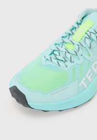 Gros plan sur une chaussure de running Terrex bleu clair et vert avec des lacets à motifs et un bout noir.