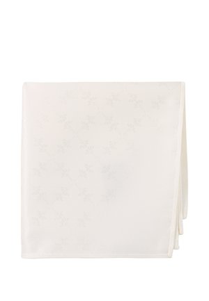 Weißer gefalteter Seidenschal mit dezentem Blumenmuster und glatter, glänzender Oberfläche.