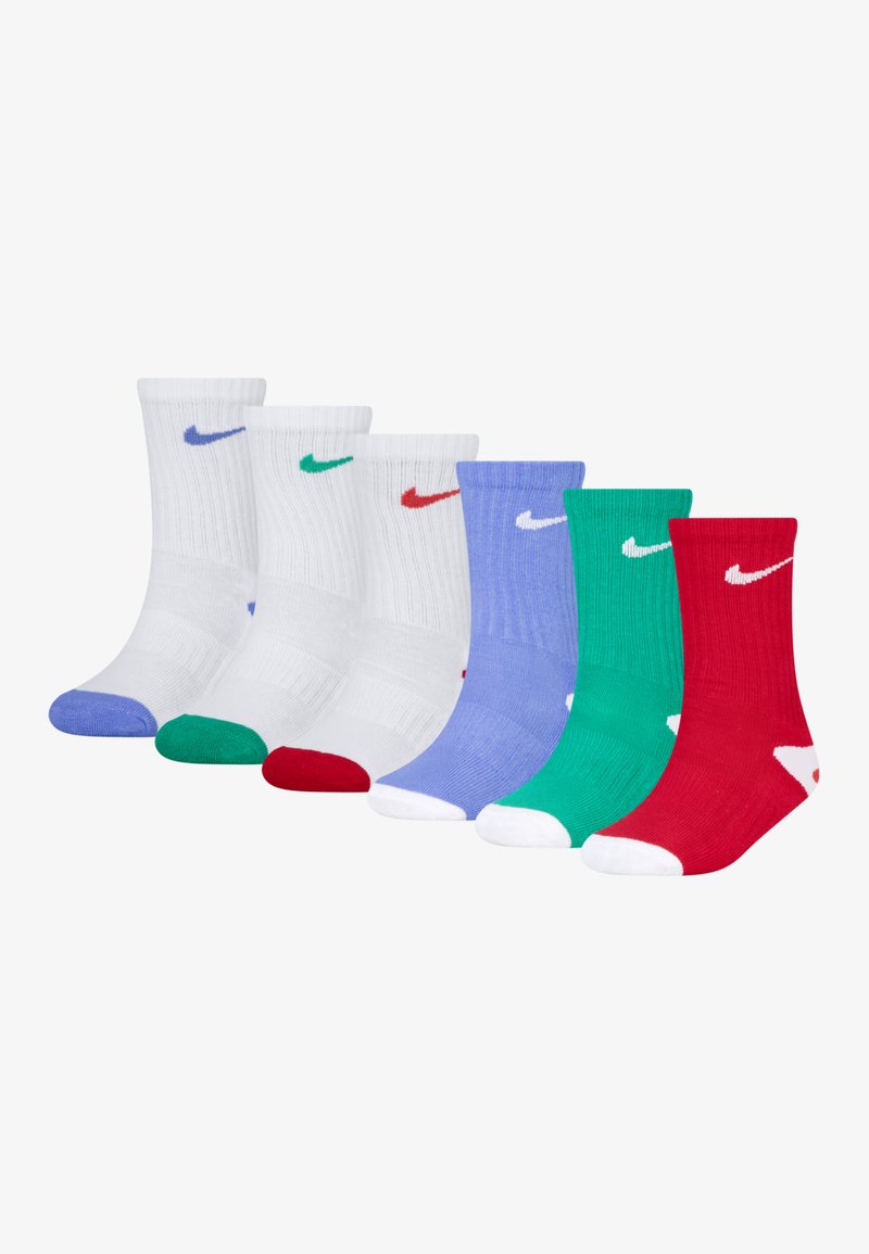 Hat pár fehér, világoskék, zöld és piros színű, bordázott anyagból készült hat pár zokni, amelyek kontrasztos Nike logókkal és színes kiegészítőkkel rendelkeznek.
