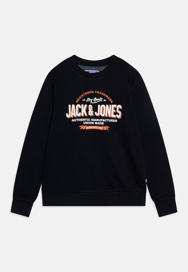 Sudadera negra de algodón con cuello redondo, que presenta un gran diseño gráfico en letras blancas y naranjas, con la inscripción "JACK & JONES".
