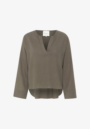 Blouse olive, manches longues, décolleté en V, texture douce, coupe décontractée, ourlet arrondi et détails de couture subtils. Convient pour un usage décontracté.