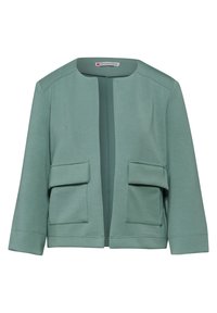 Veste vert menthe avec un col rond, fermeture éclair à l'avant, manches 3/4, et deux poches plaquées. Tissu lisse avec un design simple.