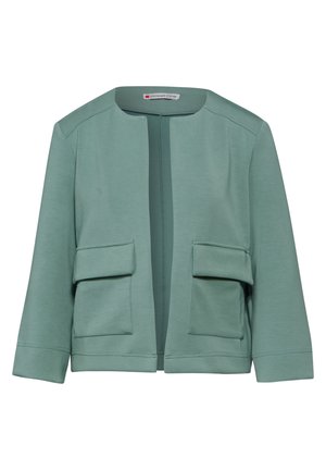 Veste vert menthe avec un col rond, fermeture éclair à l'avant, manches 3/4, et deux poches plaquées. Tissu lisse avec un design simple.