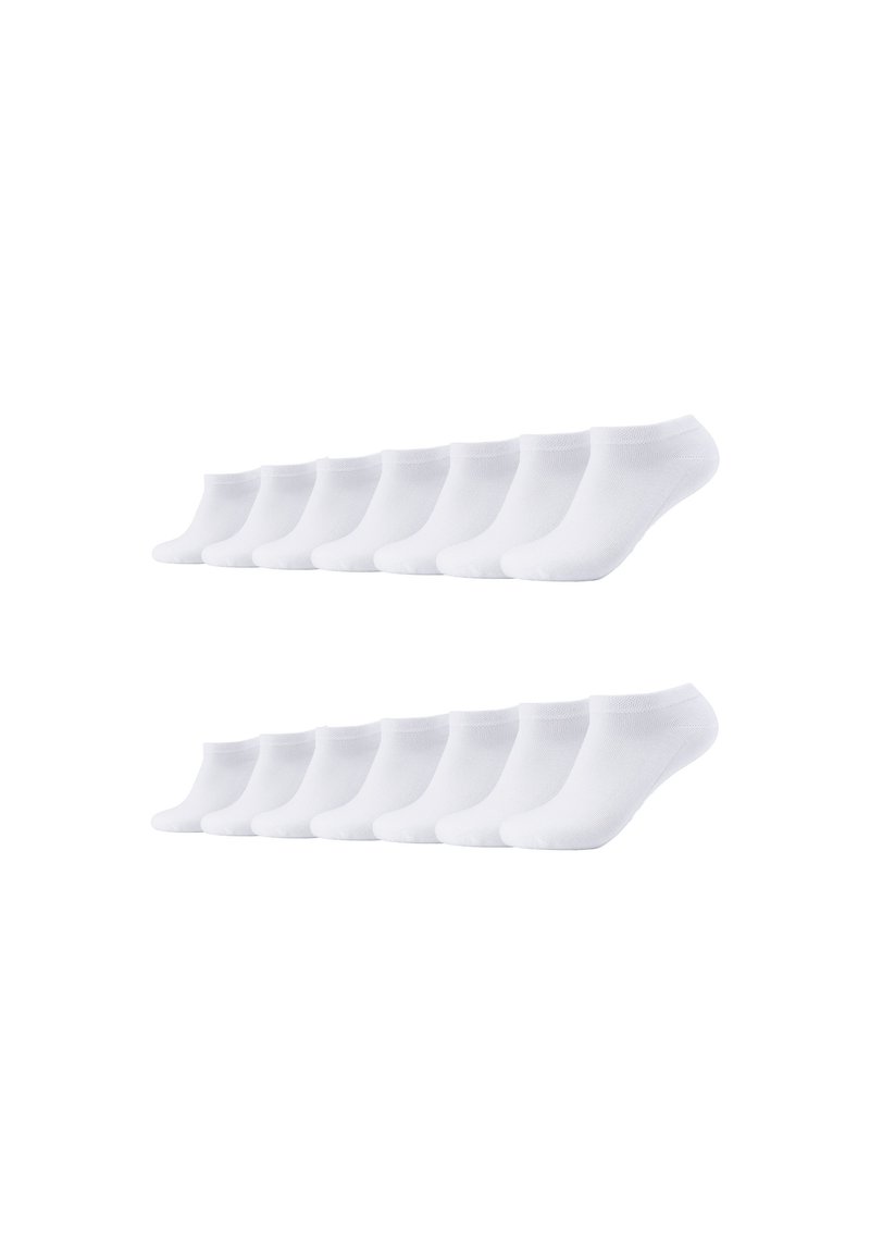 Weiße Knöchelsocken, die in zwei Reihen angeordnet sind. Jede Socke hat eine glatte Textur, ein elastisches Bündchen und ein abgerundetetes Fußdesign.