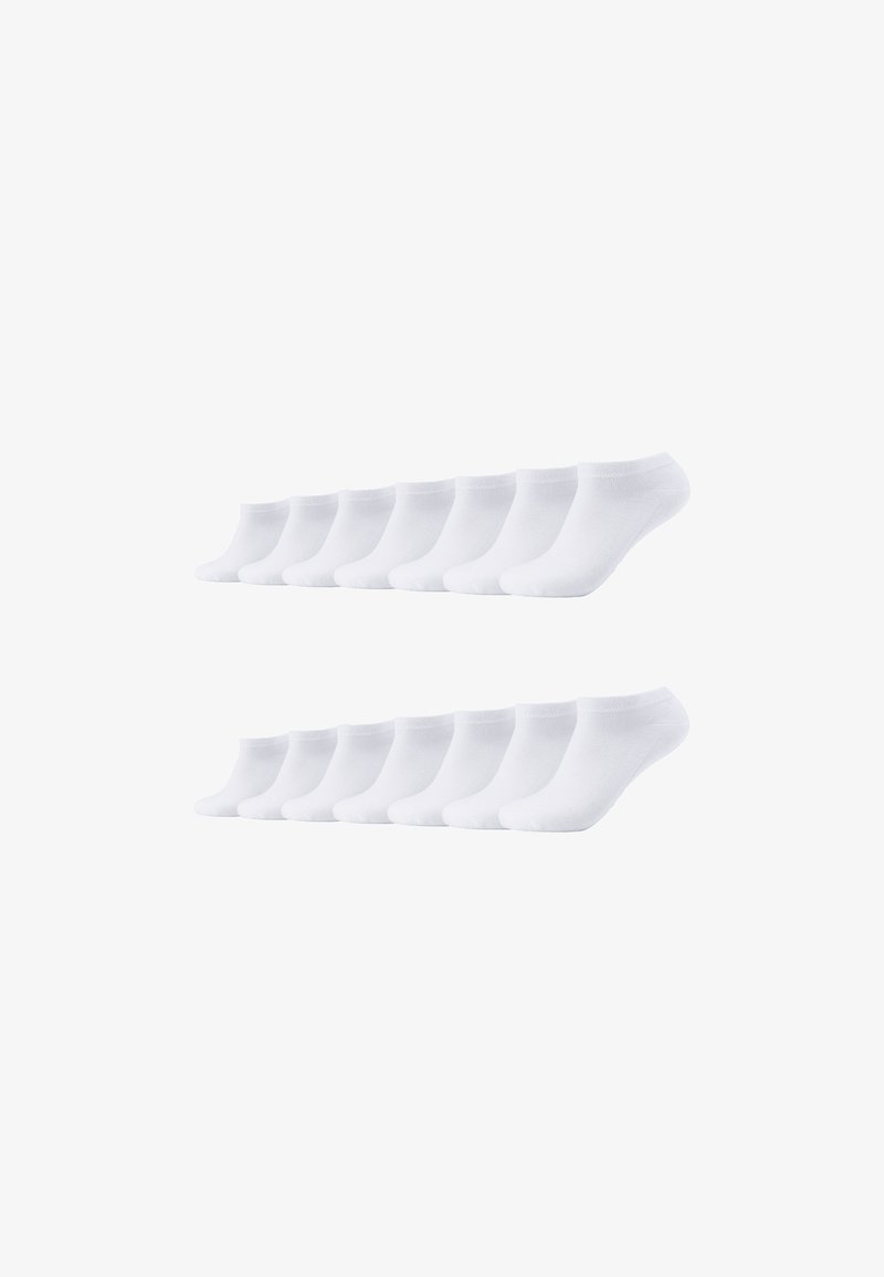 Hvide ankelstrømper arrangeret i to rækker. Hver strømpe har en glat tekstur, elastisk kant og rund tå-design.