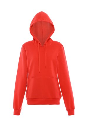 Czerwona bluza z kapturem, z kieszenią z przodu i sznurkami, długie rękawy oraz ściągacze na mankietach i na dole, pokazana na białym tle.