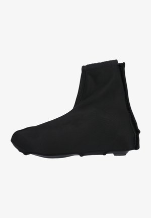 Sort vandtæt skoovertræk lavet af strækbart materiale, designet til at sidde tæt over fodtøj, med en glat overflade og lav profil.