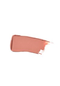 Nude liquid lipstick swatch, rectangular in shape, with a creamy texture and a soft matte finish, showcasing a warm, pinkish-brown color.