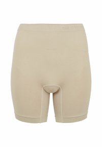 Pantalones cortos de stretch beige con una textura suave, que presentan una amplia cinturilla elástica y un diseño frontal estructurado. Ideales para comodidad y soporte.