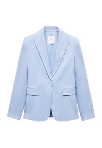 Blazer bleu clair en tissu texturé. Il présente une fermeture à un bouton, deux poches avant et un col cranté.