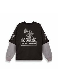 Zwarte oversized sweatshirt met grijze lange mouwen, voorzien van een cartoonfiguur grafiek en de tekst "BY ANY MEANS" in het wit.