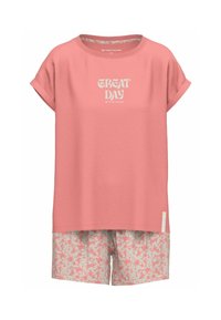 Lichtroze top met korte mouwen, voorzien van een "Great Day" opdruk. Gecombineerd met shorts met een bloemenpatroon in zachte kleuren, gemaakt van een zachte stof.