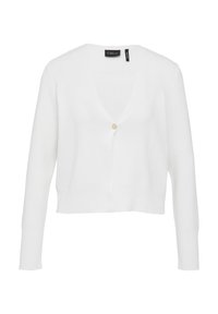 Witte cardigan van zachte stof, met een v-hals, lange mouwen en een enkele knoopsluiting aan de voorzijde. Ribbelrand aan de onderkant.