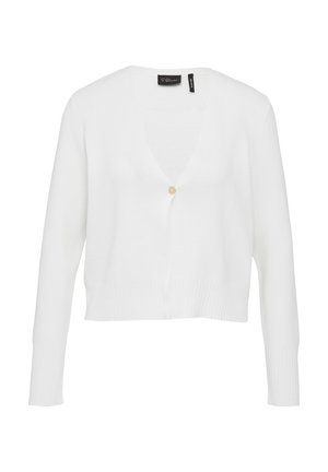 Weißer Cardigan aus weichem Stoff, mit V-Ausschnitt, langen Ärmeln und einer einzigen Knopfschließe vorne. Rippabschluss.