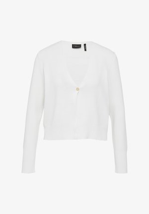 Witte cardigan van zachte stof, met een v-hals, lange mouwen en een enkele knoopsluiting aan de voorzijde. Ribbelrand aan de onderkant.