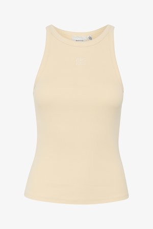 Beige ribbestrikket tanktop med høy hals, tettsittende design og subtil logo på brystet. Myk tekstur, ermeløs og lett stoff.