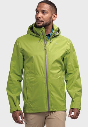 Grüne wasserdichte Jacke mit Kapuze, ausgestattet mit einem Frontreißverschluss, grauen Akzenten und einem leichten Design. Der Stoff hat eine glatte Textur.