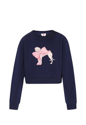 Sudadera corta azul marino en un material suave con un perro blanco impreso y un gran lazo rosa. Puños y dobladillo acanalados.