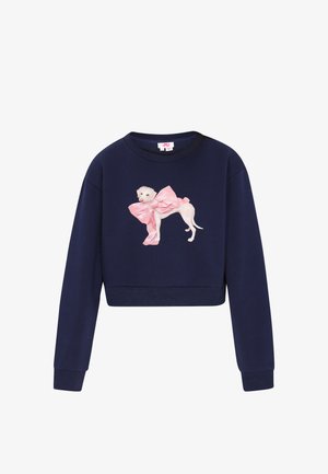 Sudadera corta azul marino en un material suave con un perro blanco impreso y un gran lazo rosa. Puños y dobladillo acanalados.