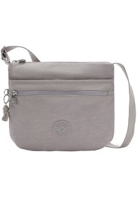 Borsa a tracolla grigia in nylon con finitura texturizzata, dotata di una tasca frontale con zip, tracolla regolabile e un emblema con logo.