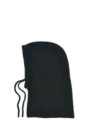 Cagoule noire en tricot avec deux liens lâches partant de la zone du cou, conçue pour couvrir la tête et le visage.