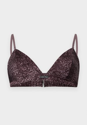 Fialová trojuholníková podprsenka so vzorom leopardieho potlače, s nastaviteľnými ramienkami a predným zapínaním so značkou Calvin Klein.