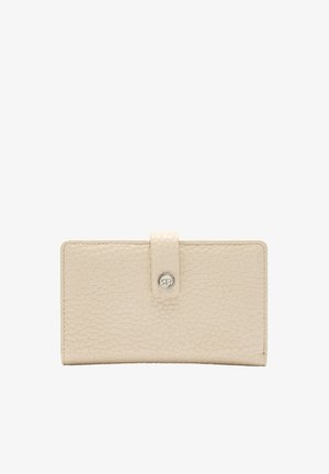 Beżowy skórzany portfel z teksturowaną powierzchnią, prostokątnym kształtem, srebrnym zapięciem na napę oraz subtelnym akcentem logo.