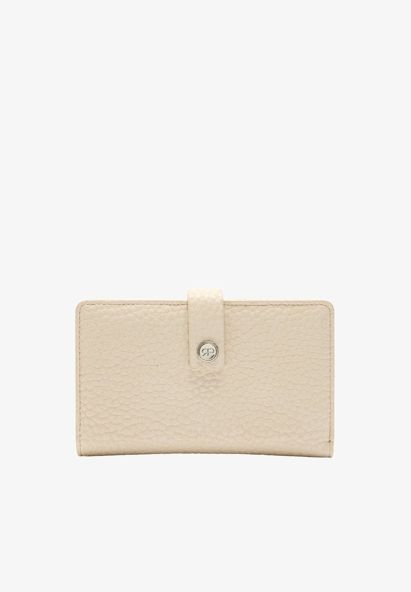 Beżowy skórzany portfel z teksturowaną powierzchnią, prostokątnym kształtem, srebrnym zapięciem na napę oraz subtelnym akcentem logo.
