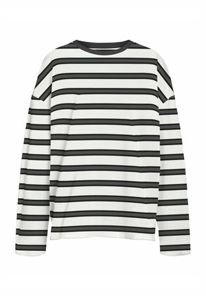 Valge pika varrukaga särk, millel on ühtlaselt paigutatud horisontaalsed mustad triibud ja ümmargune must krae, esitatud lamades valgel taustal.