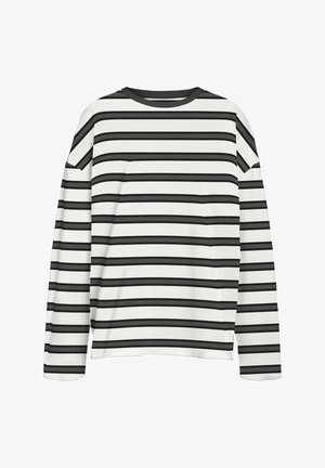 Valge pika varrukaga särk, millel on ühtlaselt paigutatud horisontaalsed mustad triibud ja ümmargune must krae, esitatud lamades valgel taustal.